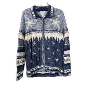 Vintage Holiday Cardigan Sweater Women’s size L Blue Snowflakes Full Zip Winter